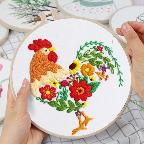 Louise Maelys Embroidery Kit Canvas Tote Bag for Beginners, Floral Rooster - color: rooster Flower