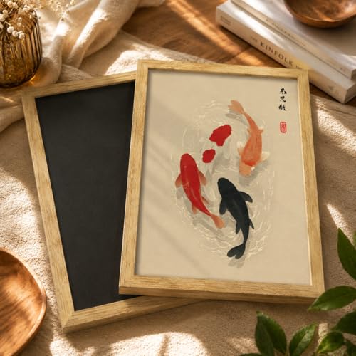 MBFBBD Japanese Koi Fish Framed Wall Art, Trendy Animal Aesthetic Print, Zen Vintage Koi Painting Picture Traditional Oriental Wall Decor for Living Room Meditation Room Bedroom 12x16in - color: Koi Fish, size: 16"L x 12"W