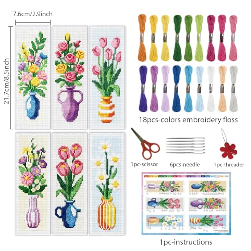 INFUNLY 6PCS Cross Stitch Bookmark Kit for Adults Flower Vase Stamped Embroidery Bookmark Kit with Backing Felt Floss Instruction for Book Lovers Readers - style: Vases