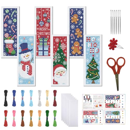 FREEBLOSS 6 Set Christmas Cross Stitch Bookmark Kits Snowman Santa Claus Stamped Cross Stitch Kit DIY Bookmark Craft Kit with Instructions for Beginners, 20x6cm/8x2.4inch - style: Casual