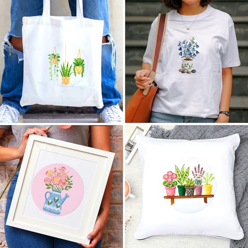 BEUNITONE 4 Set Embroidery Kit for Beginners, Vase Plants Cross Stitch Kits, Needlepoint Kits for Adults with Instructions and Full Kit, Creative Hand Embroidery Patterns for Cloth and Home Decor - style: B-Potted Plant