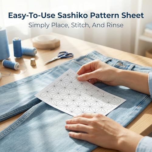 12 Sheets Pre-Printed Water Soluble Stabilizer with Sashiko Patterns, Stick and Stitch Embroidery Transfer Paper for Hand Sewing, Quilting and Embroidery