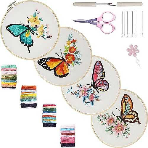 Bonroy 4 Sets Embroidery Kit for Beginners,Embroidery Art Craft Handy Sewing Include Clothes with Pattern,Embroidery Hoops, Instructions,Color Threads Needle (Butterfly) (CX-55) - color: Butterfly