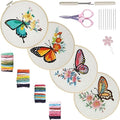 Bonroy 4 Sets Embroidery Kit for Beginners,Embroidery Art Craft Handy Sewing Include Clothes with Pattern,Embroidery Hoops, Instructions,Color Threads Needle (Butterfly) (CX-55) - color: Butterfly