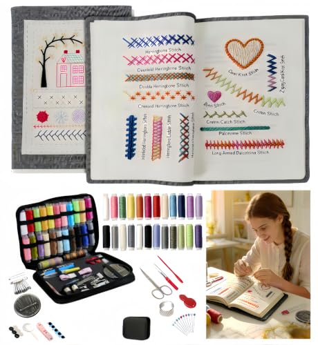 SanQiuShe Stitch Book, Embroidery Stitch Book, DIY Sewing Books, Embroidery Books of Stitches,97 PCS Beginner Embroidery Kit, Portable All-in-One Hand Embroidery Book for Adults & DIY Craft Lovers