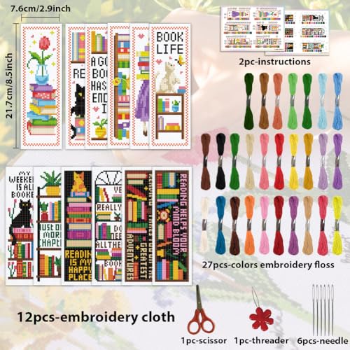ACRNIGHEET 12PCS Cross Stitch Bookmark Kit for Adult Beginners, Cats and Bookshelf Pattern Stamped Embroidery Bookmark, Needlework Kit with Instructions, Size 8.5''x3'' - style: Bookshelf Patterns