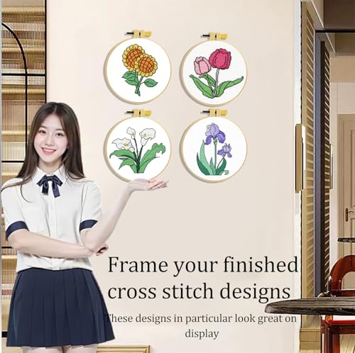 Zhenqing 4 Pack Flower Stamped Cross Stitch Kit for Beginners - color: Floral-4 Piece-1