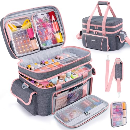 Double-Layer Sewing Organizer Bag with 2 Detachable Pouches and Dividers - color: Vintage, size: L-13.5"