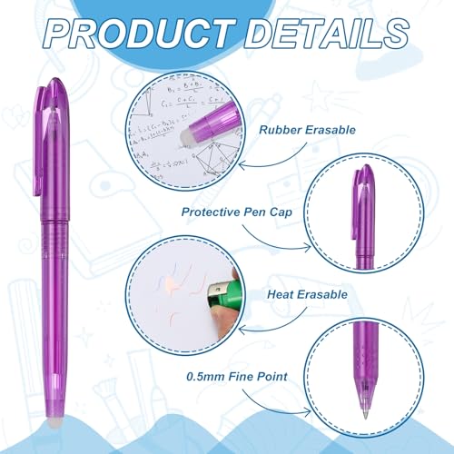 PATIKIL 12Pcs Erasable Gel Pens, 0.5mm Fine Point Heat Erasable Marking Pen with Cap Smooth Writing Fabric Markers for Sewing Drawing Writing Planner, Purple Ink - color: Purple