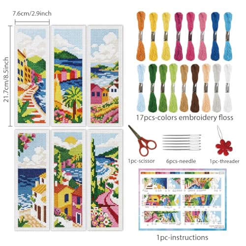 INFUNLY 6pcs Scenery Cross Stitch Bookmark Kit DIY Beach Stamped Embroidery Bookmark Kits 8.7×3.2" Mountain Needlepoint Kit with Instruction Town Easy Cross Stitch Kits for Book Lovers Readers - style: Scenery