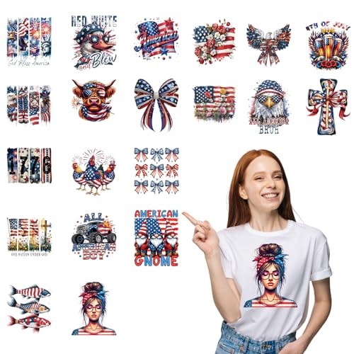 20Pcs Papiailove 4th of July Dtf Transfers Ready to Press Independence Day Iron on Transfers for Tshirts 250th Anniversary Transfer Vinyl Stickers for Clothing Pillows Bag DIY Crafts - color: Independence Day