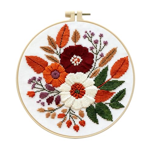 Zhenqing Floral Bouquet Cross Stitch Kit for Beginners - Complete Set with Pre-Printed 11CT 24x24cm Fabric, Hoop & Threads (68993) - color: 68993