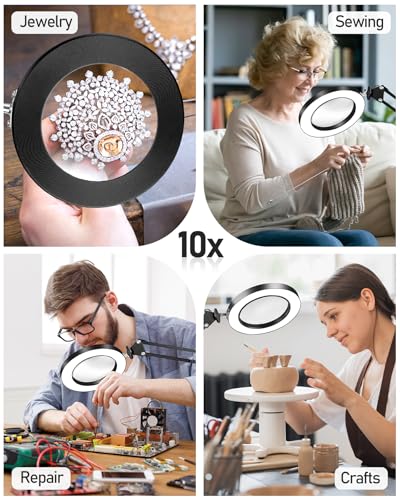TANYO 10X Magnifying Glass with Light, 3 Color Mode, Hands Free(Black)