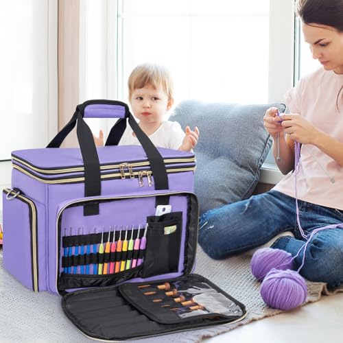 Knitting Bag, Crochet Bag Organizer, Yarn Storage Bag with Divider - color: Purple