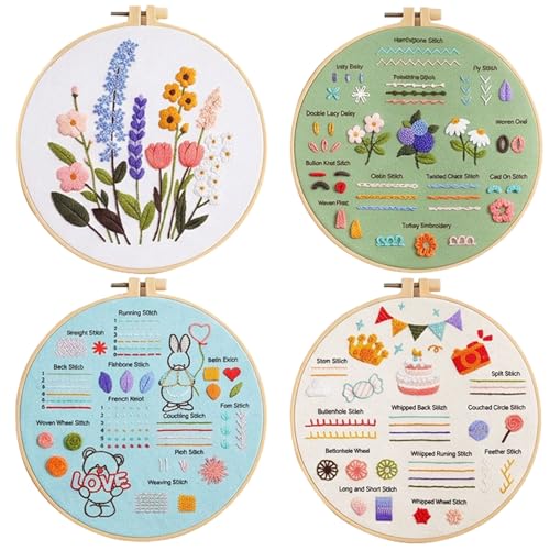 FEIYUENO 4 Pack Flower Embroidery Kit for Adults Beginner, Floral Love - color: Floral Love