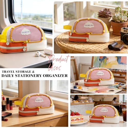 CICIMELON Large Capacity Pencil Case, Cute Aesthetic Pencil Pouch with 3 Compartments, Big Pencil Bag Organizer for School Supplies, Pen Holder for Kids, Girls, Boys, Students - color: Beige Base