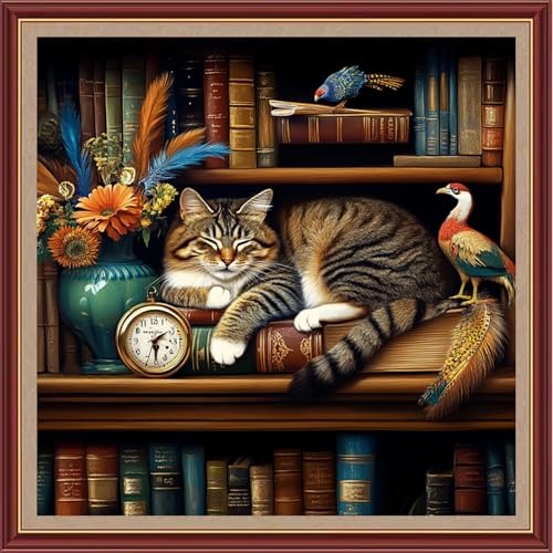 Dooxvey Cross Stitch Kits for Adults Beginners,Full Range of Cross-Stitch Stamped Kits Needlepoint Kits for Beginners Embroidery Kits 11CT Cross Stitch Patterns-Bookshelf Sleeping Cat 18x18 inch - color: Magicolor02
