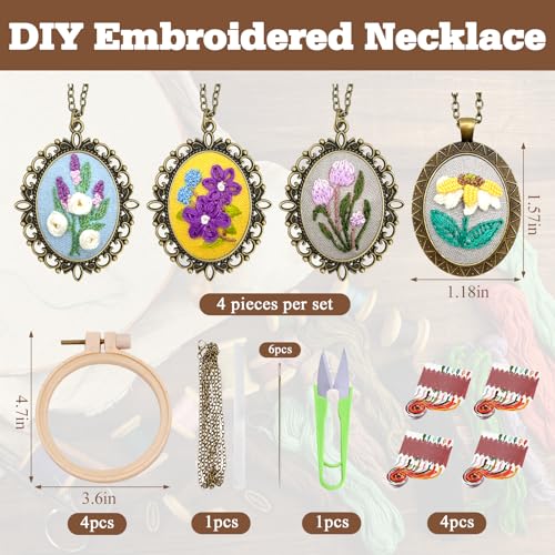 ZOCONE New 4 Packs Embroidery Necklace Kits, Embroidery Pendant Kit Mini Cross Stitch Kit with Hoop, Necklace, Pendant, Stamped Pattern Cloth, Instructions, etc., Embroidery Kits for Adults - color: J