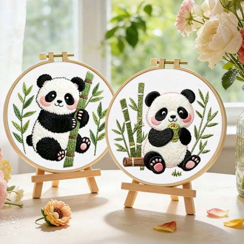 ERKOON Embroidery Kit for Beginners, 2 Set Flower Cross Stitch Set Include Embroidery Cloth Hoops Threads for Craft Lover Hand Stitch with Embroidery Skill Techniques (Panda) - color: Panda
