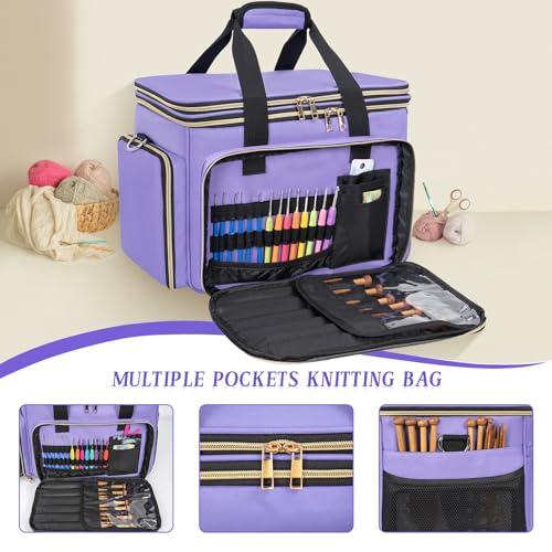 Knitting Bag, Crochet Bag Organizer, Yarn Storage Bag with Divider - color: Purple
