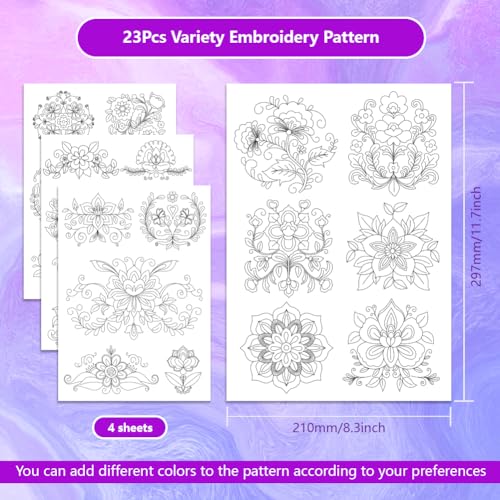 ORIGACH 4 Sheets Large Water Soluble Embroidery Patterns Stabilizers - Pre-Printed Scandinavian Floral Designs - Stick & Stitch Embroidery Paper for Hand Sewing Lovers - color: Scandinavian Floral