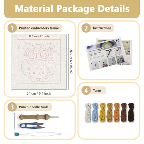 Doodlream Owl Bird DIY Punch Needle Embroidery Kit for Adult Beginner, 9.4" Cartoon Animal Punch Stitching Craft Set for Starter with Frame, Fabric Pattern, Threader, Yarn, Pinch Needle - color: Owl