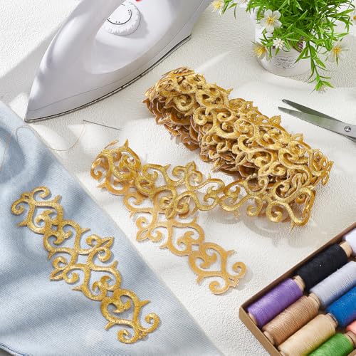 NBEADS About 5.2 Yards Gold Embroidery Polyester Ribbons, 3" Wide Adhesive Cloud Lace Trim Iron on Metallic Flower Lace for Sewing Costumes Gowns Home Decor Garment Accessories - color: Golden Ribbons