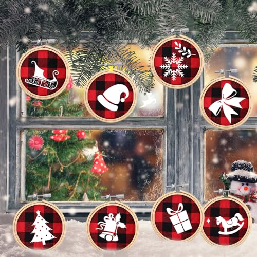 Hoteam 144 Pcs Christmas Embroidery Hoop Set Red Black Plaid Linen Fabric - color: Red and Black Plaid