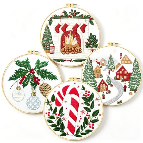Zhenqing Christmas Embroidery Kit for Beginners - 4 Piece 29x29cm Round Designs with Embroidery Hoop, Threads & Tools (Snowy Cabin, Fireplace, Candy Cane, Holly)(C0066) - style: Snowy Cabin+ Fireplace+Candy Cane+Holly
