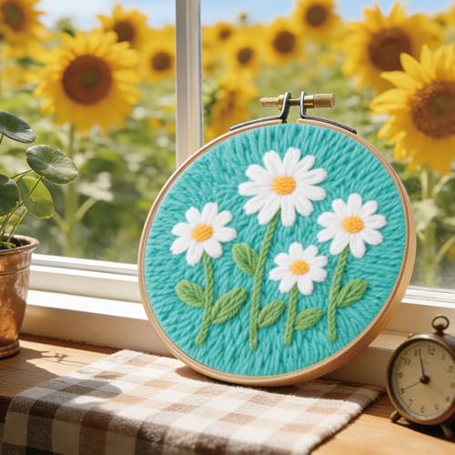 BEUNITONE 2PCS Flower Punch Needle Kit for Adults Beginners, Complete DIY Craft Needlepoint Kits with Hoop, Punch Needle Starter Craft Embroidery Set for Handmade Decor & Floral Stitching Projects - color: 07-Flower Bed