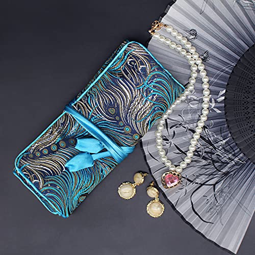 SmilerSmile Jewelry Travel Bag Embroidery Travel Jewelry Organizer with Tie Close Embroidered Flower Jewelry Roll for Women Girls (Feathers) - color: Feathers