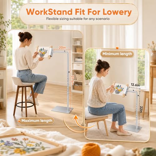 Workstand with Side Clamp, Adjustable Cross Stitch Floor Stand, Rotating Needlepoint Stand, Fits Lowery Stand, Q-Snap Frames and Scroll Rods Up to 20" Wide, Heavy Duty Metal Construction
