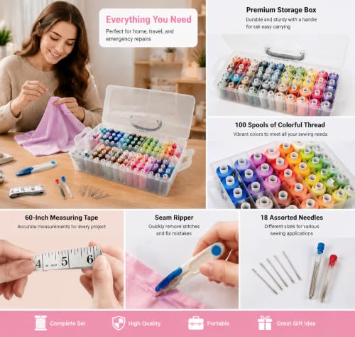 Sewing Thread 100 Colors 40S/2 250 Yards Per Spool 3 Color Sets Options (100 Colors with Storage case)