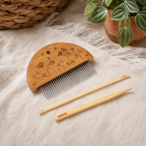 SEWACC Wood Hand Loom Comb Set, Weaving Comb with Needle and Crochet Hook, Wood Knitting Loom Tool for DIY Tapestry Knitted Crafts