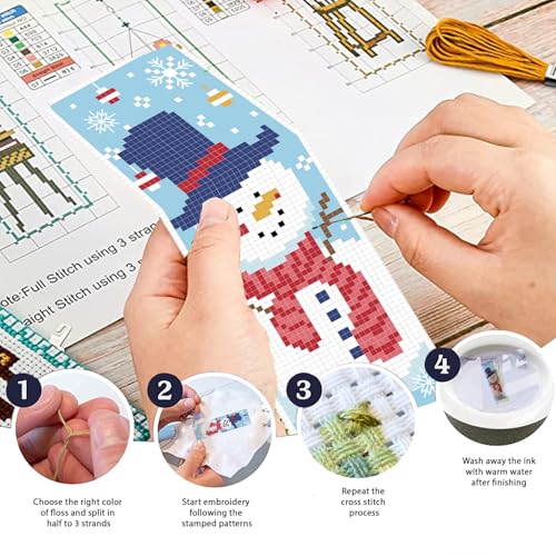FREEBLOSS 6 Set Christmas Cross Stitch Bookmark Kits Snowman Santa Claus Stamped Cross Stitch Kit DIY Bookmark Craft Kit with Instructions for Beginners, 20x6cm/8x2.4inch - style: Casual