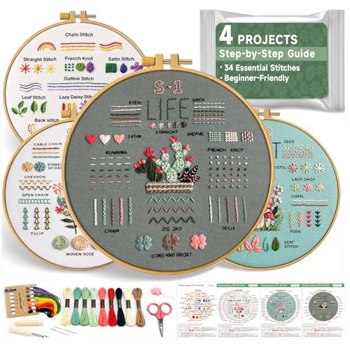 Bofoho 4 Pack Starter Embroidery Kit for Beginners with Simple Patterns - color: 4 Pack