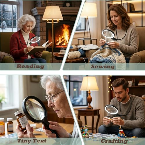 Hands Free Neck Wear Magnifying Glass with 30 LED Lights, Full Book Page 5X/10X Rechargeable Reading Magnifier Flexible Gooseneck Magnifiers for Seniors, Low Vision, Sewing, Crafts & Close Work