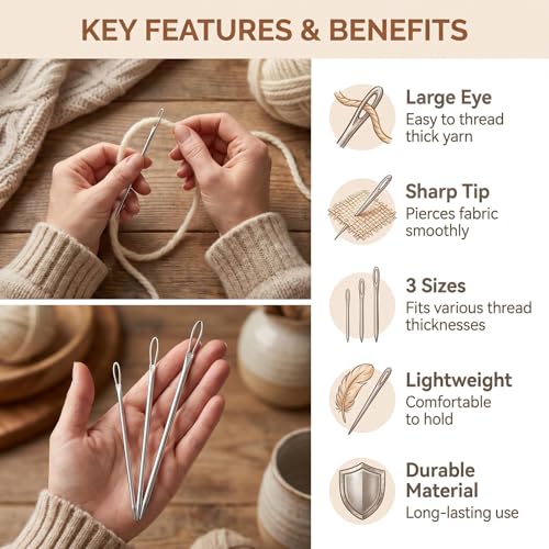 Eperlorit 12 Pcs Large Eye Yarn Needle 3 Sizes