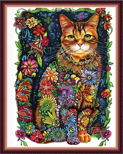 Funxvoot Stamped Cross Stitch Kits for Beginners or Adults Embroidery Starter Patterns | DIY Printed Cross Stitch Kits Needlepoint for Adults or Kids 11CT-Colorful Flower Cat 16x20 inch - color: color23