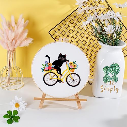 Louise Maelys Cat Bicycle Embroidery Kit for Beginners Floral DIY Craft - color: kit-20