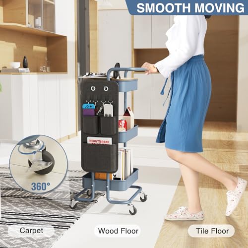 DTK 3-Tier Rolling Cart with Table Top, Metal Utility Cart with Side Bags - color: Blue, size: Large