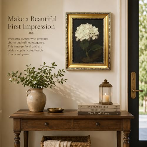 Gold Framed White Hydrangea Flower Wall Art,Vintage Floral Canvas Painting - color: Hydrangea Gold Framed, size: 24"L x 16"W