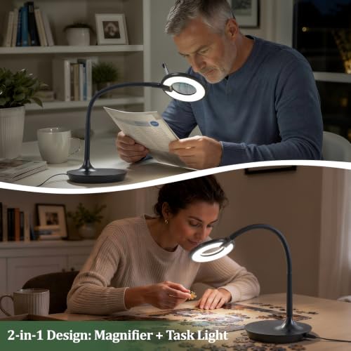 3X+6X Magnifying Glass with Light and Stand, Dimmable LED Magnifying Lamp - color: Black