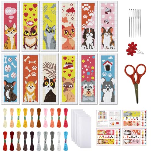 FREEBLOSS 12 Set Cross Stitch Bookmark Kits Colorful Pet Pattern Stamped Cross Stitch Kit 11CT Embroidery Kit with Instructions for Beginners 8 * 2.4inch - style: Simplified Animals