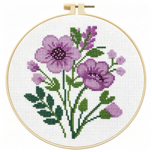 Zhenqing Purple Floral Bouquet Cross Stitch Kit for Beginners - 11CT 24x24cm Pre-Printed Pattern with Embroidery Hoop, Threads & Tools(70523) - color: Purple Floral Bouquet