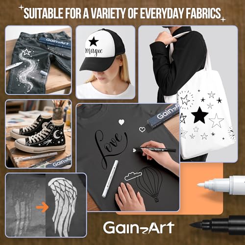 Gain-Art Fabric Marker for Clothes 2PCS, Wash-Resistant, No Bleed, Quick Dry Professional Dual Tip Pen, Permanent Paint for Clothing, Canvas Cover Stains, DIY Art Crafting White &Black