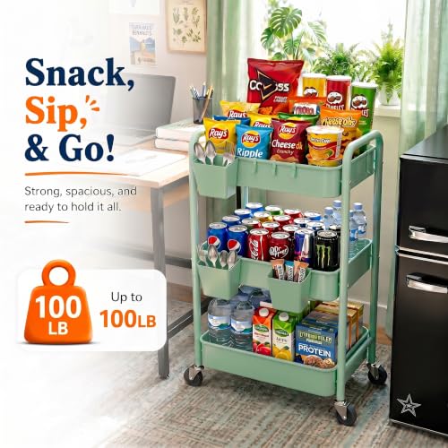3 Tier Rolling Storage Cart Metal with Wheels,Sage Green Diaper Caddy Carts - color: Sage Green, size: 3 Tier + Cups + Hooks
