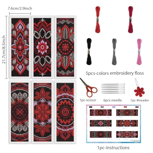INFUNLY 6 Pcs Gothic Mandala Cross Stitch Bookmark Kit 3x8.5 Inch Pre Printed Dark Floral Counted Cross Stitch Bookmark Kit for Adults DIY Embroidery Kit with Instruction for Book Lover Reader Writer