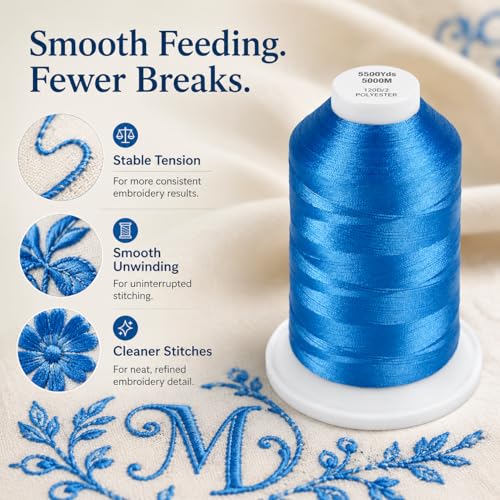 Simthread 5500Yds/5000M 40WT Polyester Embroidery Thread Electric Blue 420 - color: Electric Blue-420