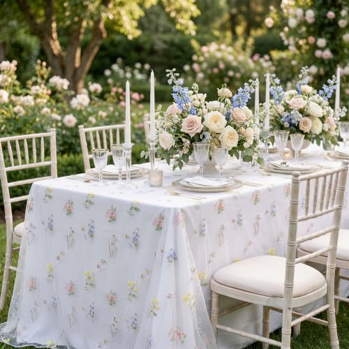 White Gauze Tablecloth 60"x120" Rectangular Wildflower Floral Tulle Overlay - color: White, size: 60"x120", 1 Pc